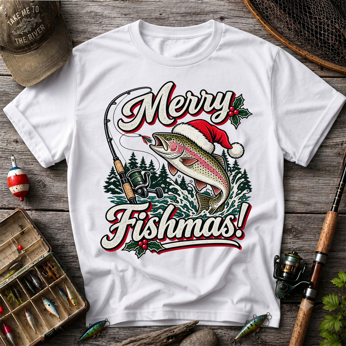 Merry Fishmas Rainbow Trout in Santa Hat Christmas Fishing T-Shirt, Trout Fishing