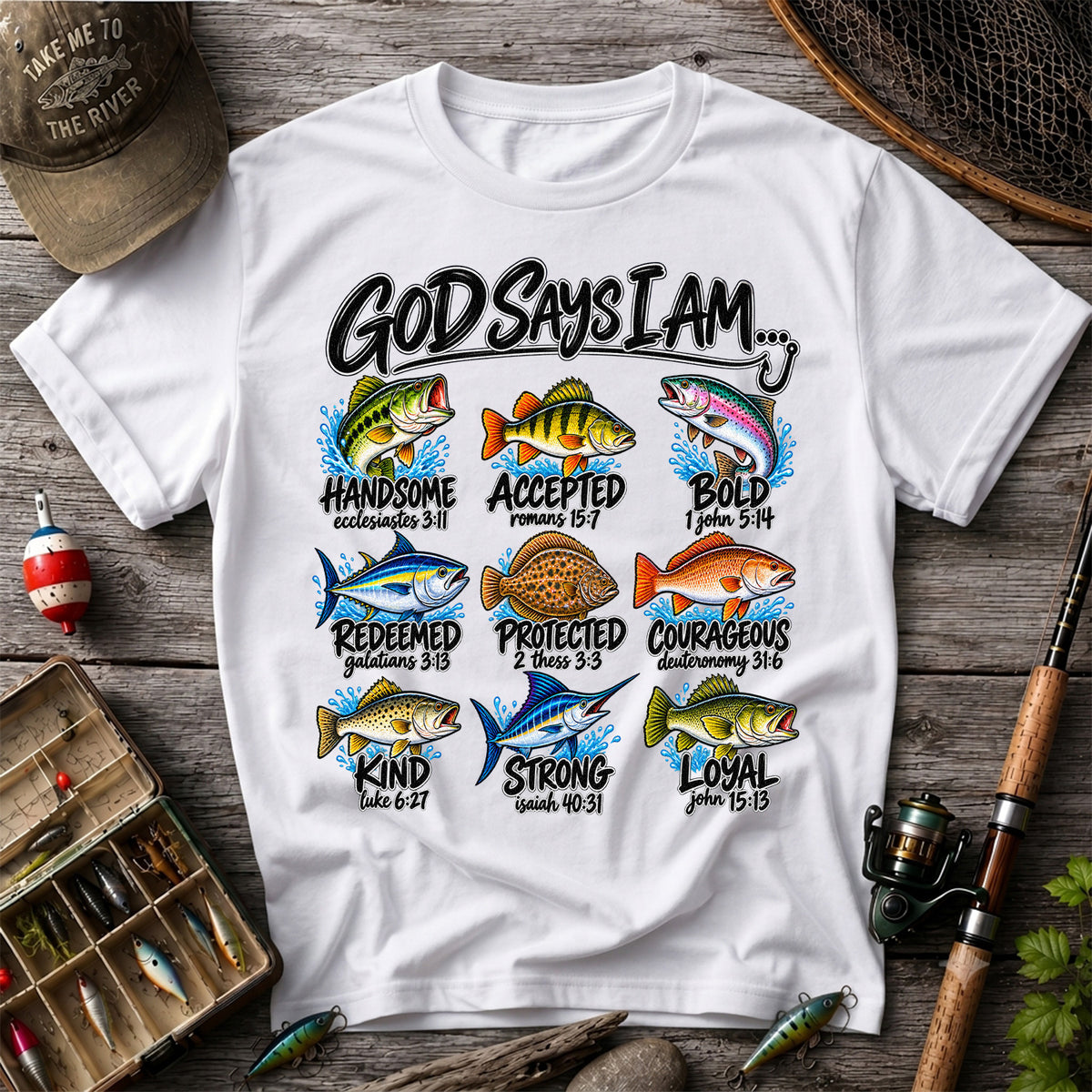 God Says I Am Christian Fish and Bible Verse Fishing Graphic T-Shirt