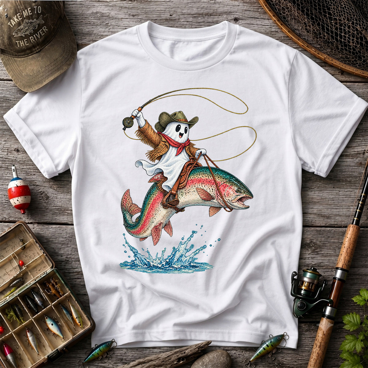 Ghost Cowboy Riding a Rainbow Trout Halloween Fishing T-Shirt