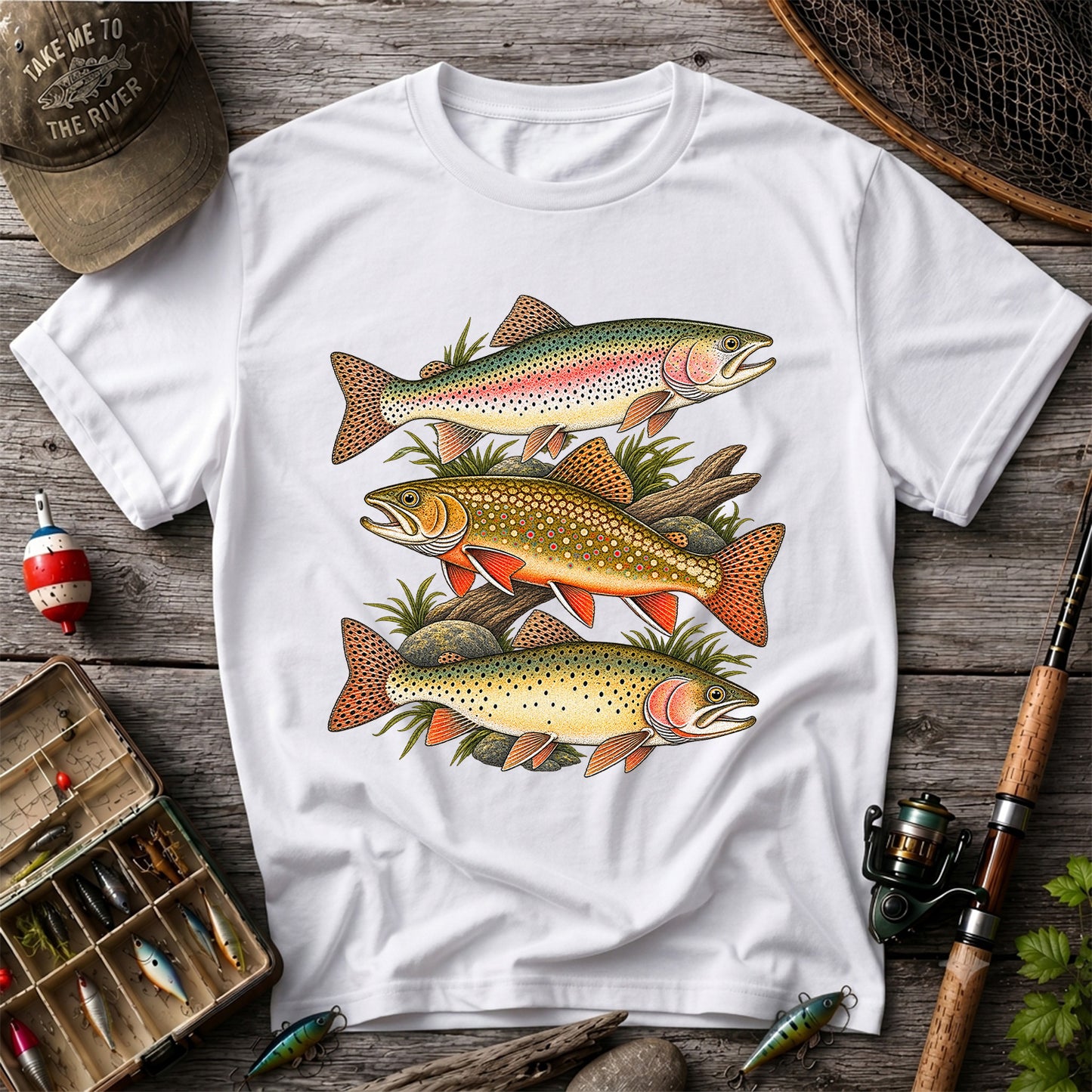 Vintage Rainbow Brook and Brown Trout Fishing Graphic T-Shirt