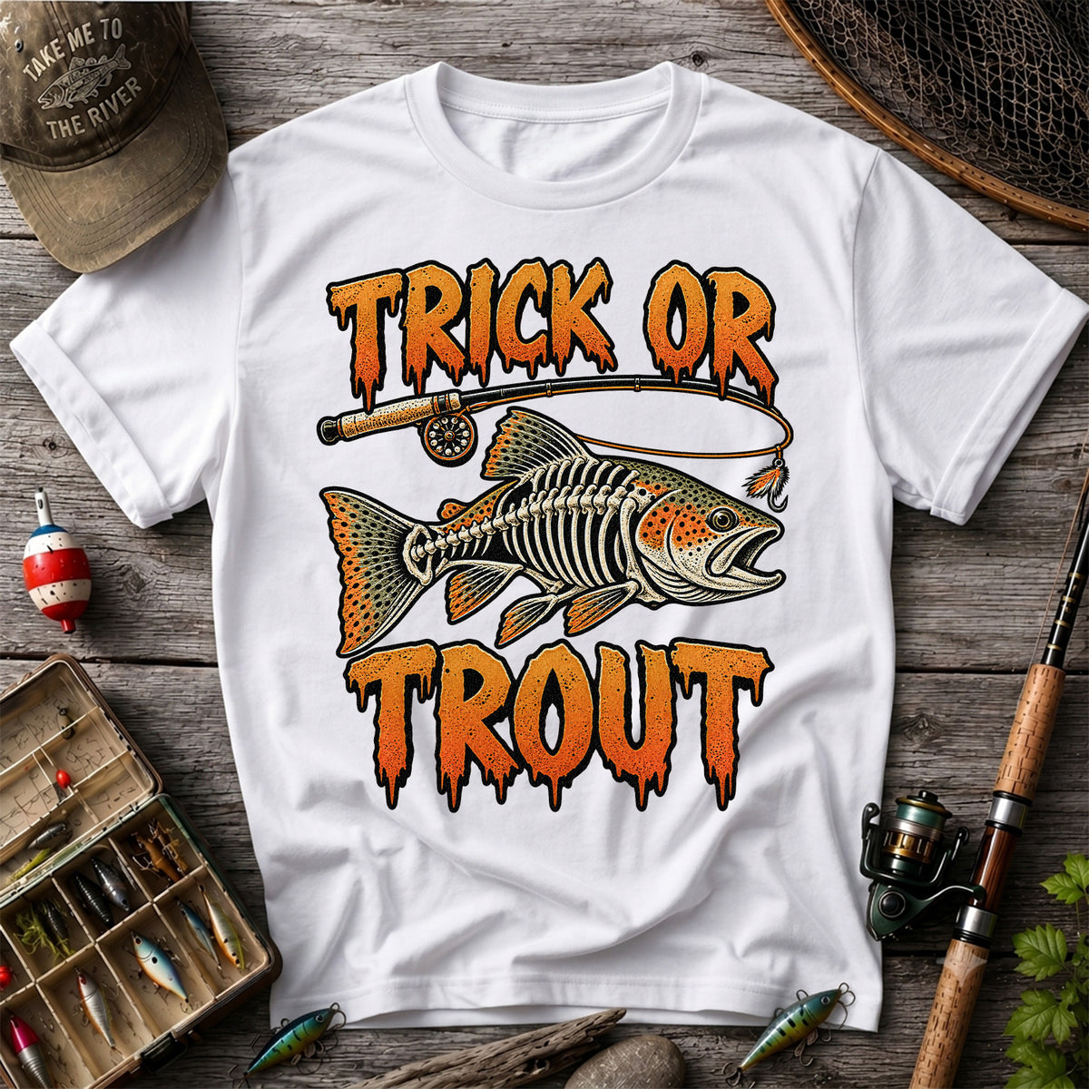 Trick or Trout Skeleton Trout Halloween Fly Fishing T-Shirt