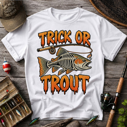Trick or Trout Skeleton Trout Halloween Fly Fishing T-Shirt