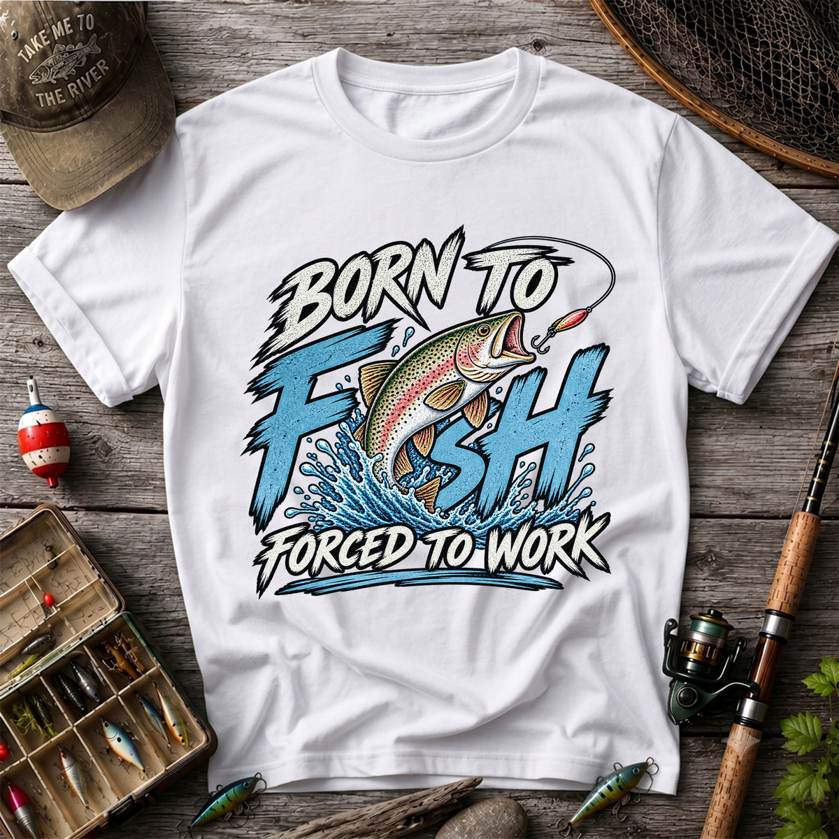 Born to Fish Forced to Work Jumping Rainbow Trout Fishing T-Shirt