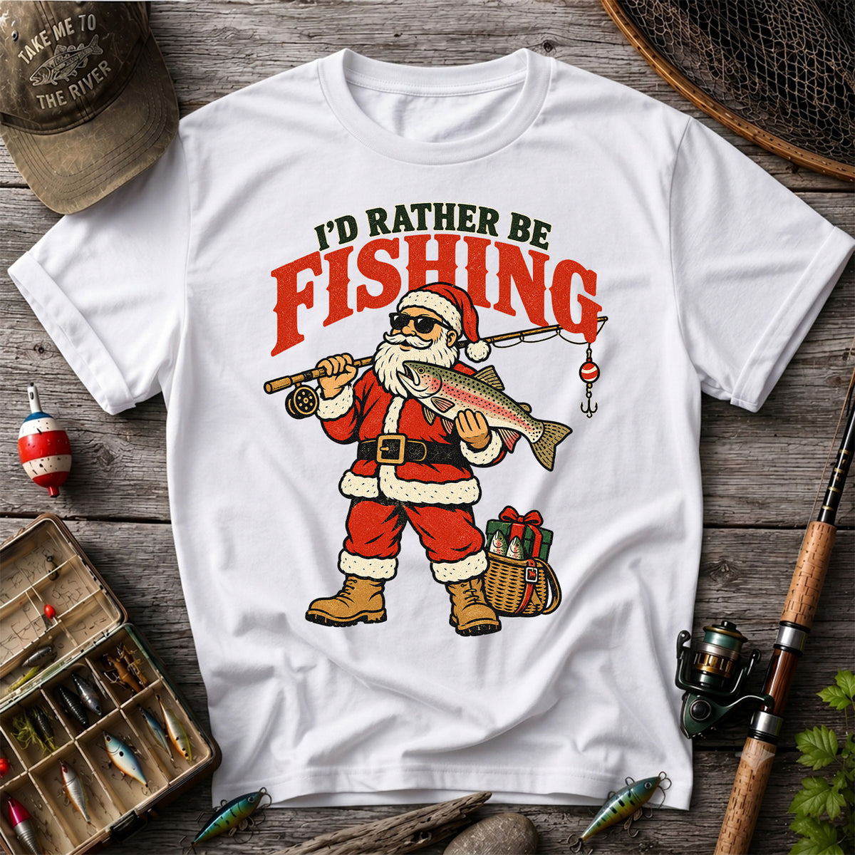 I'd Rather Be Fishing Santa Holding Rainbow Trout Christmas T-Shirt
