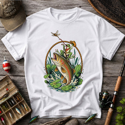 Frog Riding a Rainbow Trout Fishing Graphic T-Shirt