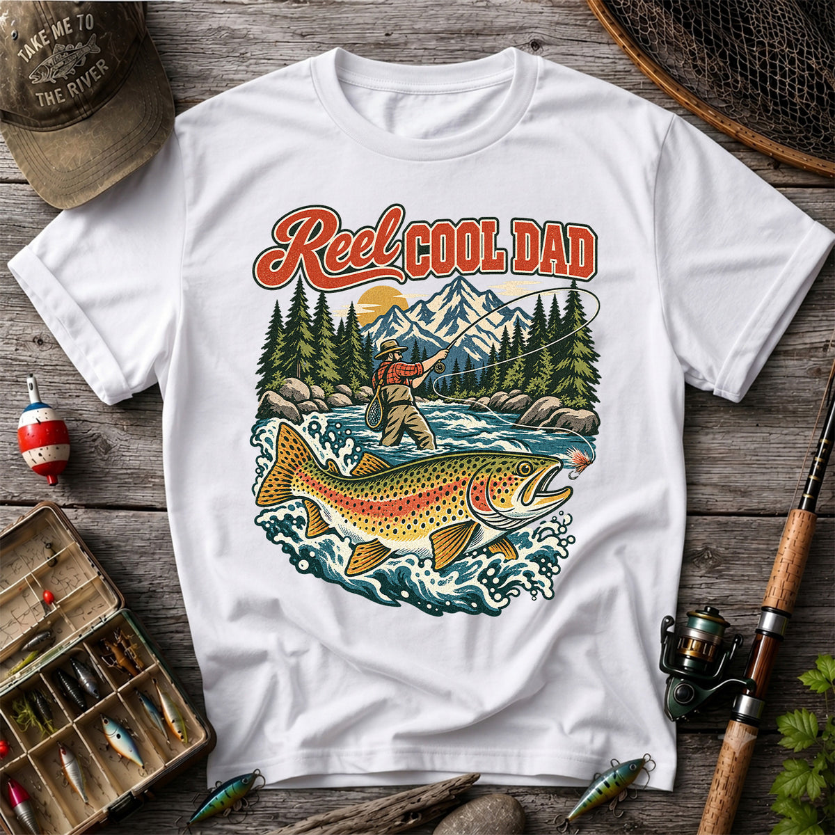 Reel Cool Dad Rainbow Trout Fly Fishing Graphic T-Shirt