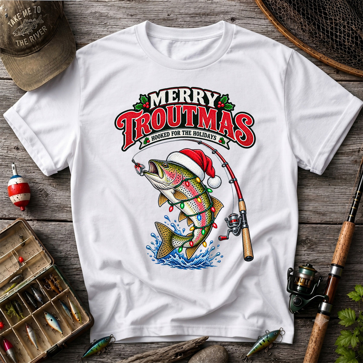 Merry Troutmas Hooked for the Holidays Rainbow Trout Christmas Fishing T-Shirt