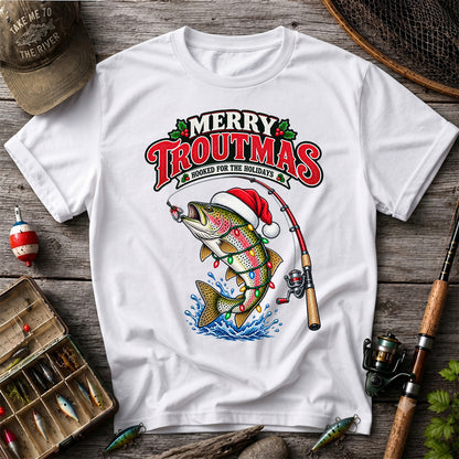 Merry Troutmas Hooked for the Holidays Rainbow Trout Christmas Fishing T-Shirt