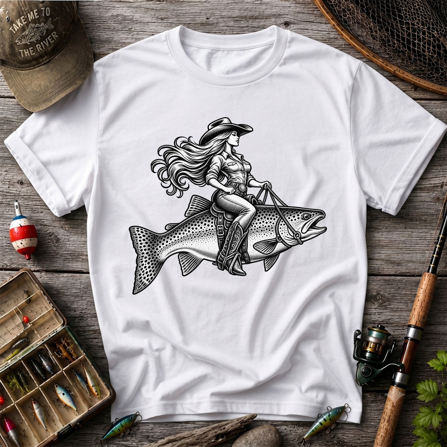 Cowgirl Riding a Trout Western Fishing Graphic T-Shirt