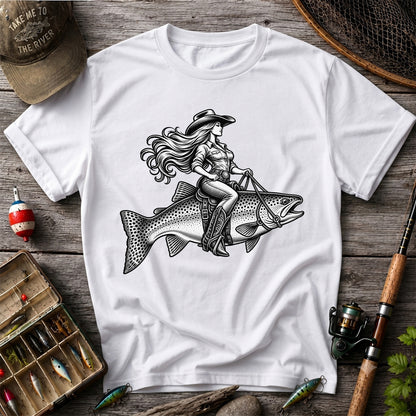 Cowgirl Riding a Trout Western Fishing Graphic T-Shirt