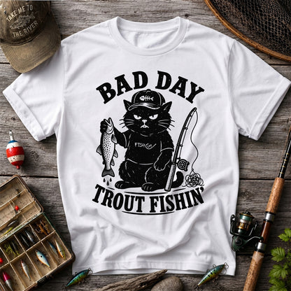 Bad Day Trout Fishin' Fish On Grumpy Black Cat Funny Fishing T-Shirt