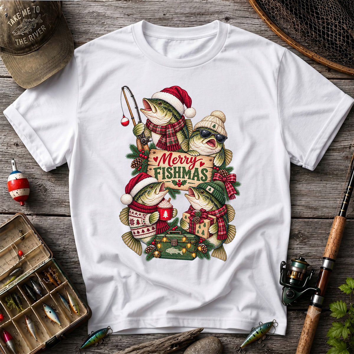 Merry Fishmas Bass Christmas Fishing Graphic T-Shirt