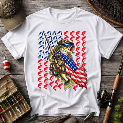 Patriotic Bass Fishing Graphic T-Shirt with American Flag Design
