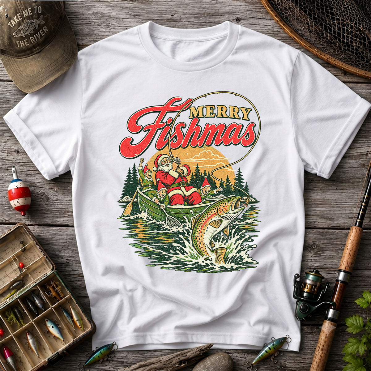 Merry Fishmas Santa and Elves Trout Fishing Christmas T-Shirt