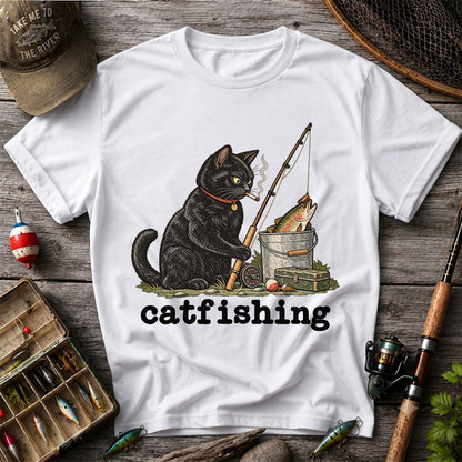 Catfishing Smoking Black Cat with Fishing Rod Funny T-Shirt
