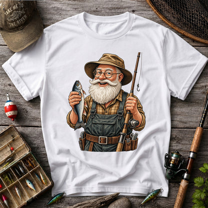 Bearded Angler Holding a Fish and Fishing Rod Graphic T-Shirt