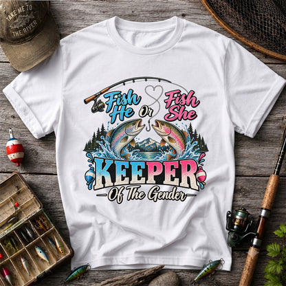 Fish He or Fish She Keeper of the Gender Rainbow Trout Fishing Gender Reveal T-Shirt