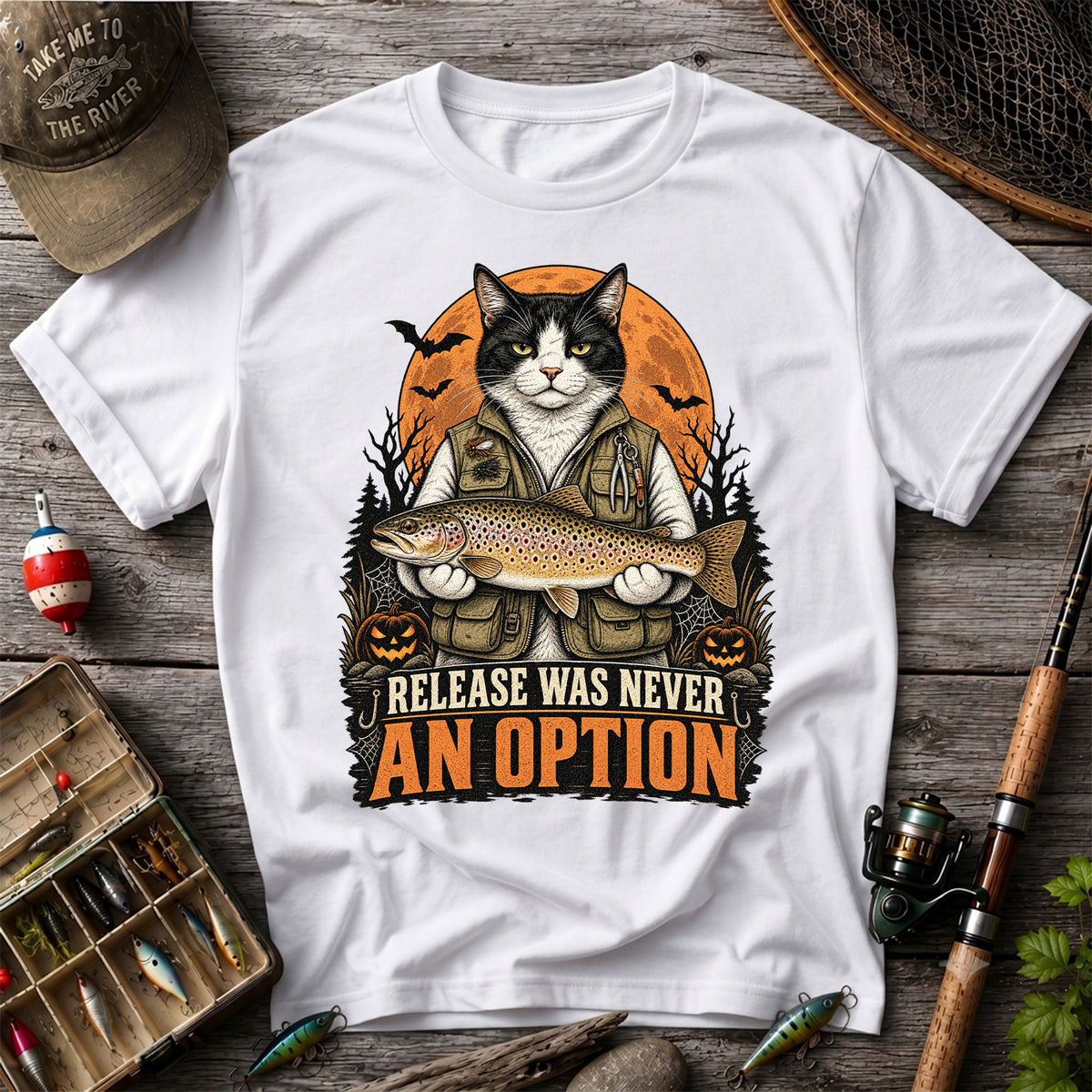 Release Was Never an Option Cat Holding Brown Trout Halloween Fishing T-Shirt