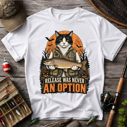 Release Was Never an Option Cat Holding Brown Trout Halloween Fishing T-Shirt
