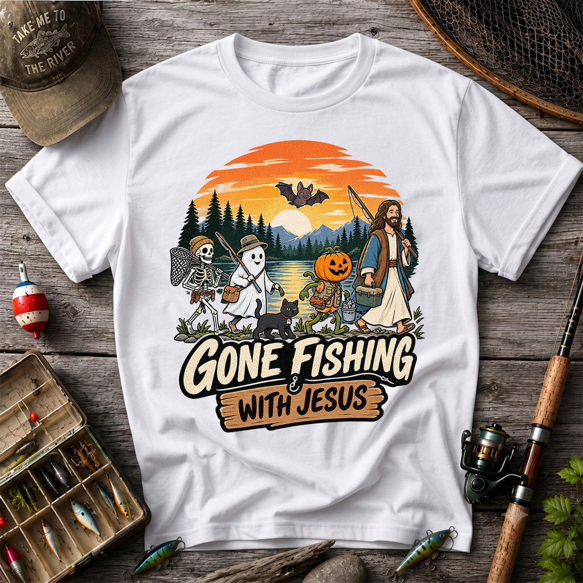 Gone Fishing with Jesus Skeleton Ghost and Pumpkin Halloween Fishing T-Shirt