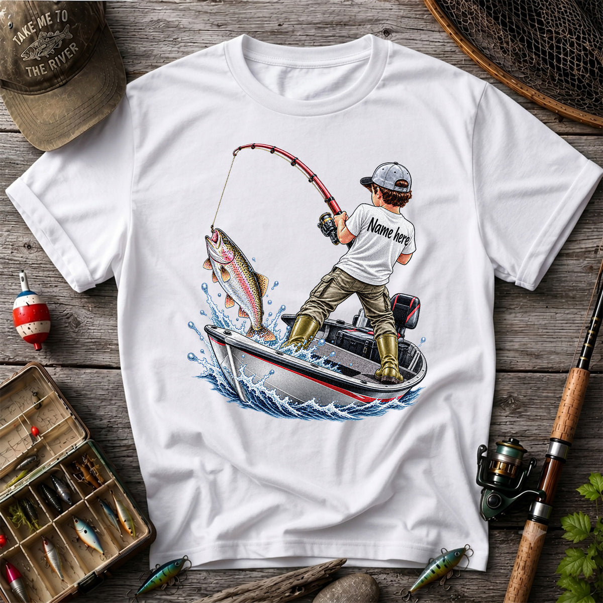 Personalized Boy Fishing Boat and Rainbow Trout Graphic T-Shirt