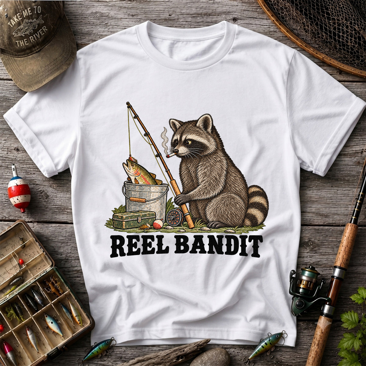 Reel Bandit Smoking Raccoon with Fishing Rod Funny T-Shirt