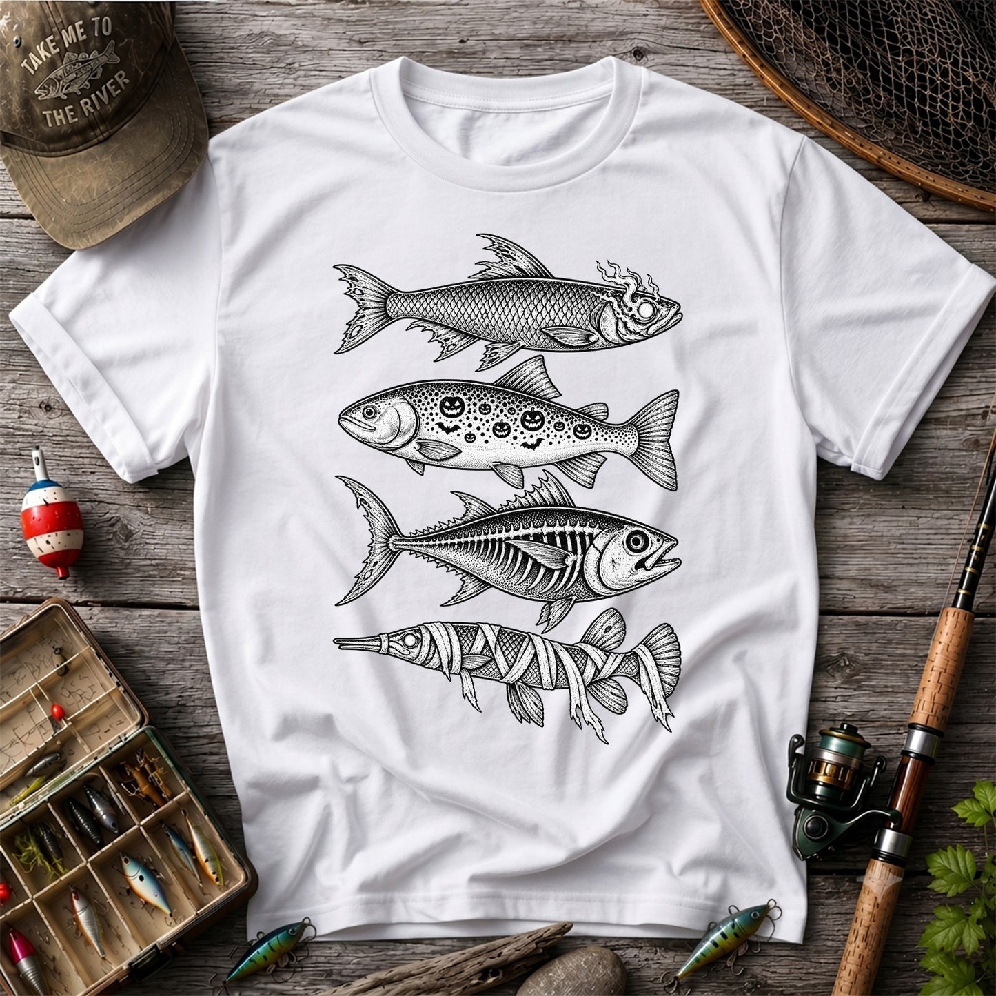 Halloween Zombie Pumpkin Skeleton and Mummy Fish Graphic T-Shirt