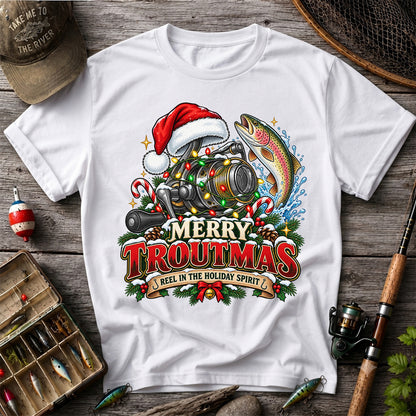 Merry Troutmas Reel in the Holiday Spirit Rainbow Trout and Fishing Reel T-Shirt