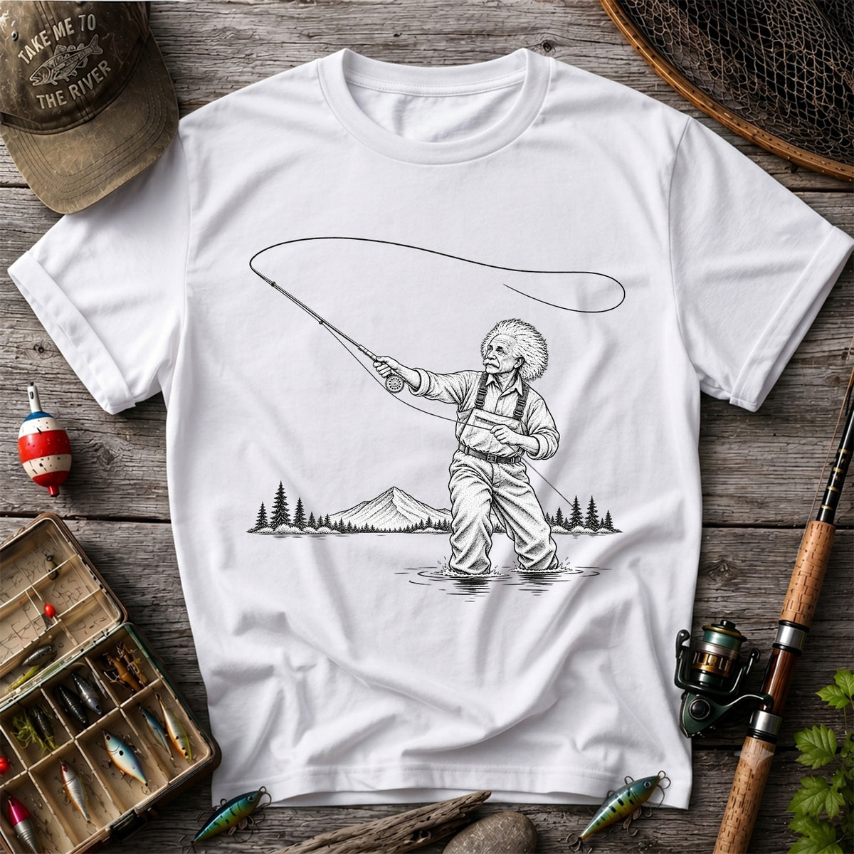 Vintage Fly Fisherman Mountain Lake Fishing Graphic T-Shirt