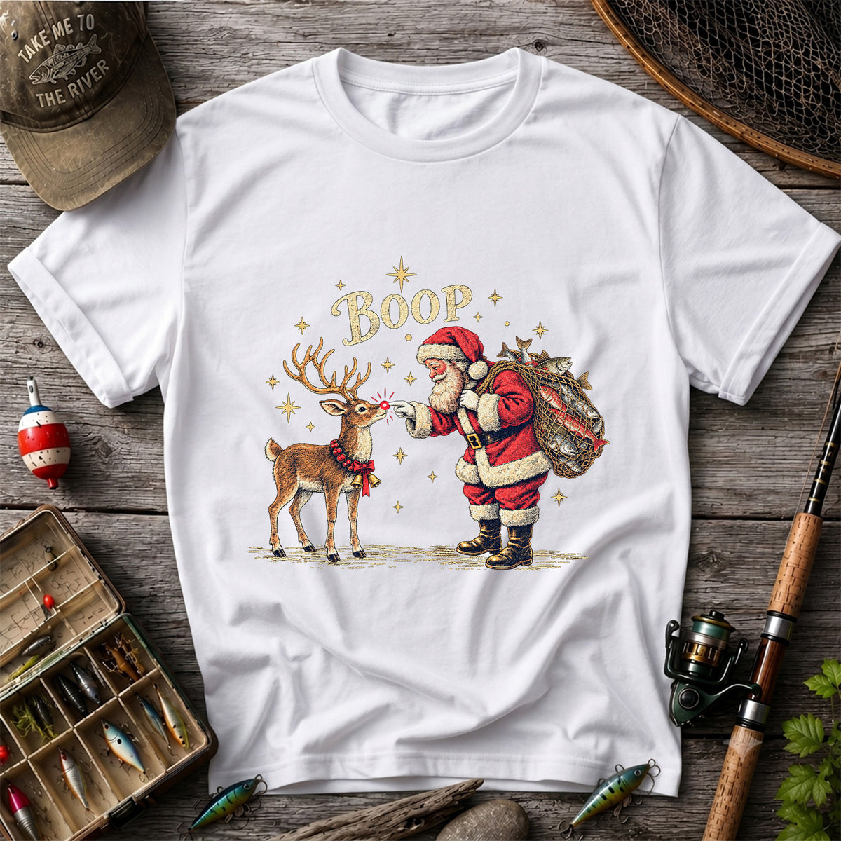 Santa and Reindeer Fishing Christmas Graphic T-Shirt