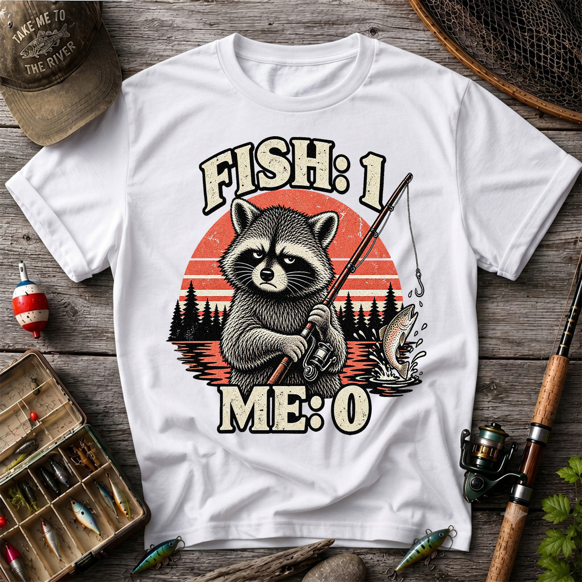 Fish: 1 Me: 0 Funny Raccoon Trout Fishing T-Shirt