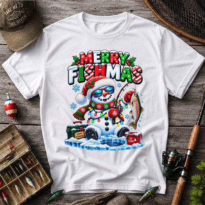 Merry Fishmas Gone Fishing Snowman and Rainbow Trout Ice Fishing Christmas T-Shirt