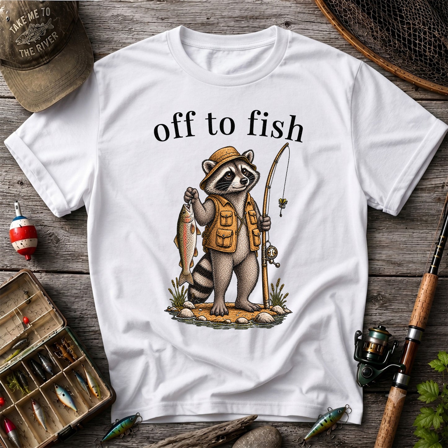 Off to Fish Raccoon Angler Funny Fishing T-Shirt