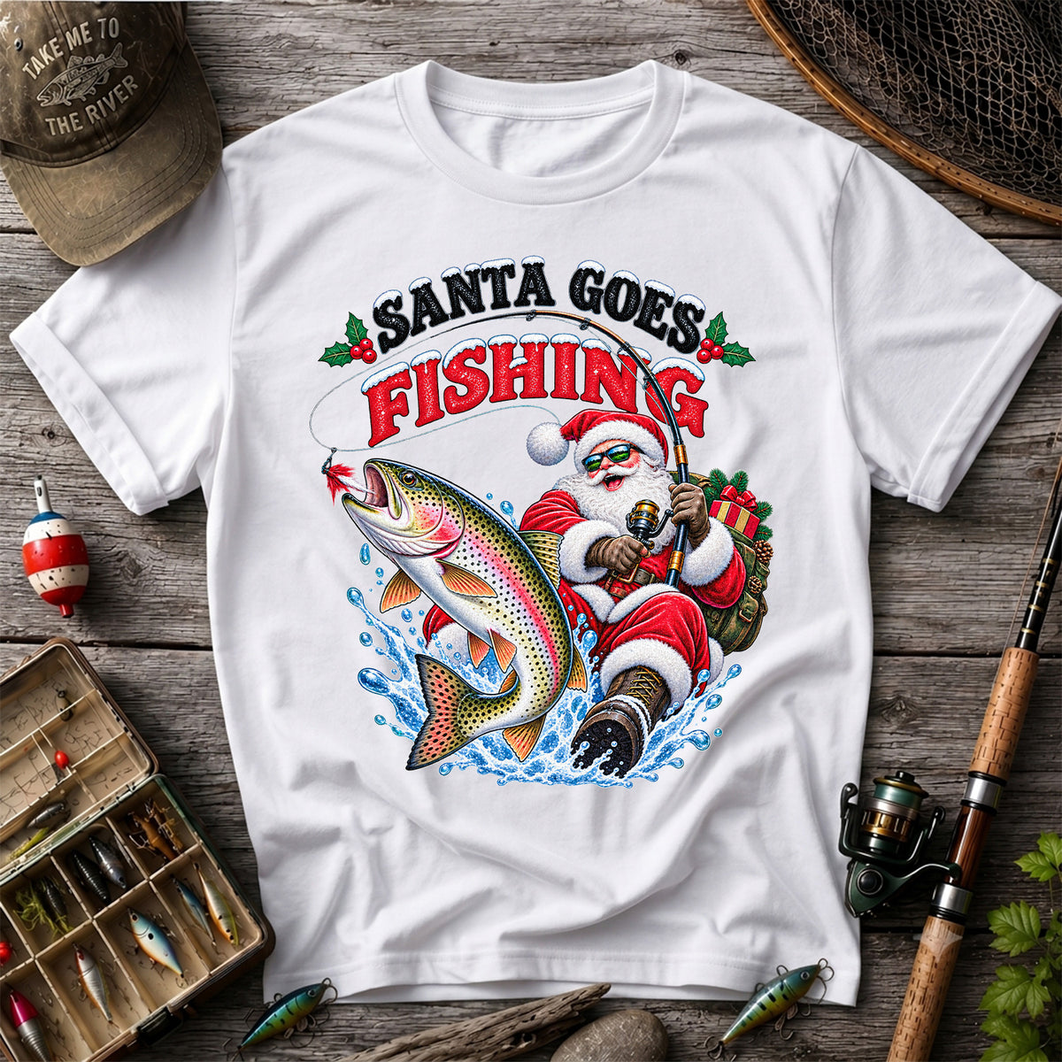 Santa Goes Fishing Rainbow Trout Christmas Graphic T-Shirt