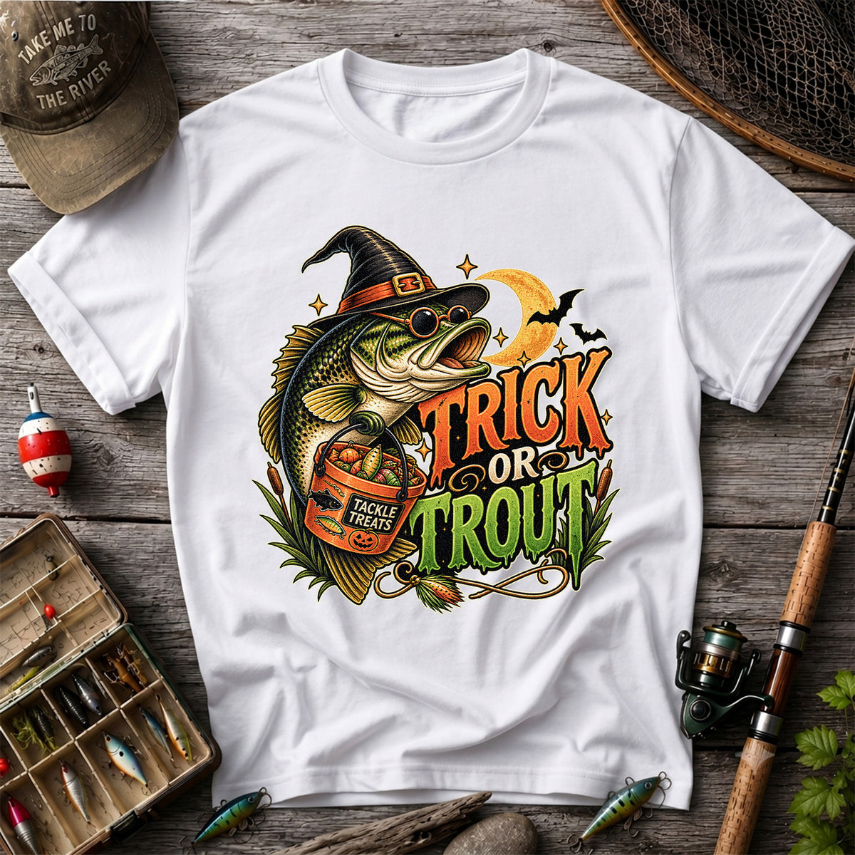 Trick or Trout Bass in Witch Hat with Tackle Treats Halloween Fishing T-Shirt