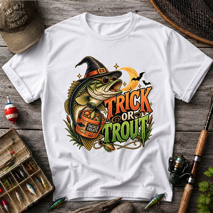 Trick or Trout Bass in Witch Hat with Tackle Treats Halloween Fishing T-Shirt