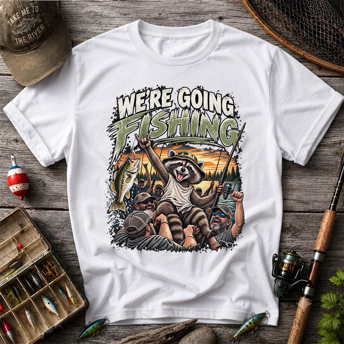 We're Going Fishing Raccoon Outdoor Fishing Graphic T-Shirt
