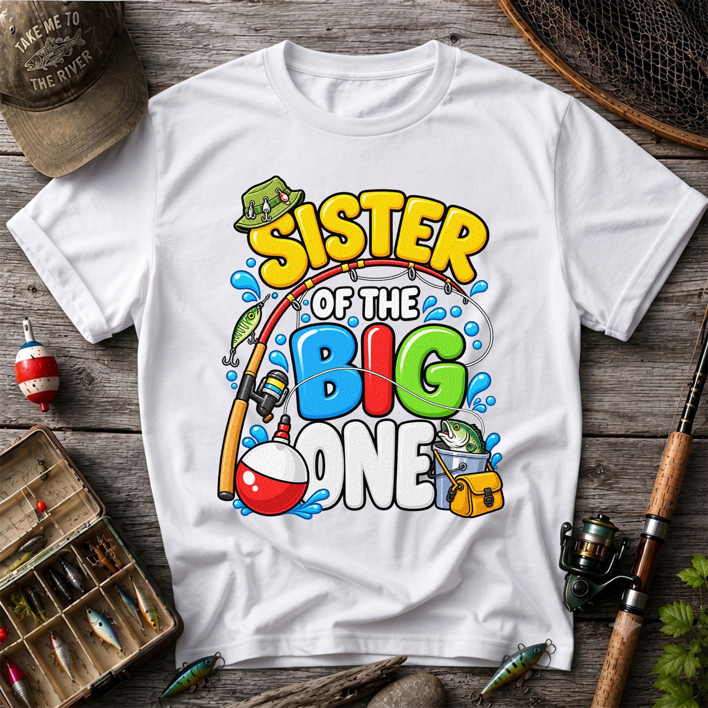 Sister of the Big One Fishing Birthday T-Shirt with Fish and Bobber