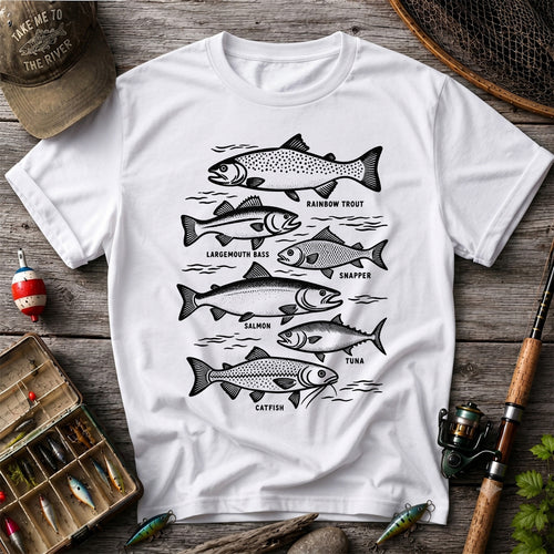 Rainbow Trout, Largemouth Bass, Snapper, Salmon, Tuna and Catfish Fishing Graphic T-Shirt