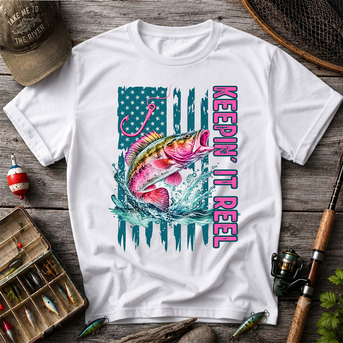 Keepin' It Reel Bass Fishing American Flag Graphic T-Shirt