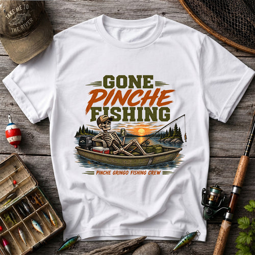 Gone Pinche Fishing Crew Skeleton in a Fishing Boat Graphic T-Shirt