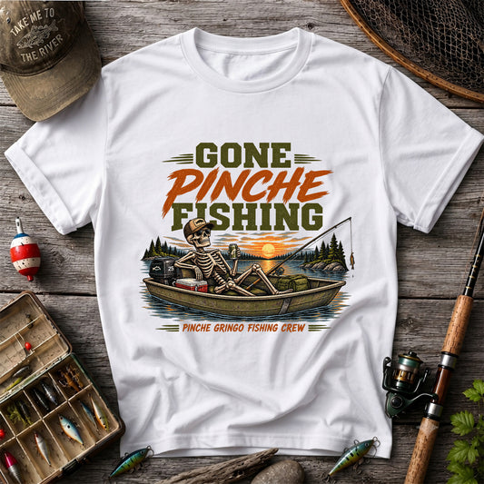 Gone Pinche Fishing Crew Skeleton in a Fishing Boat Graphic T-Shirt