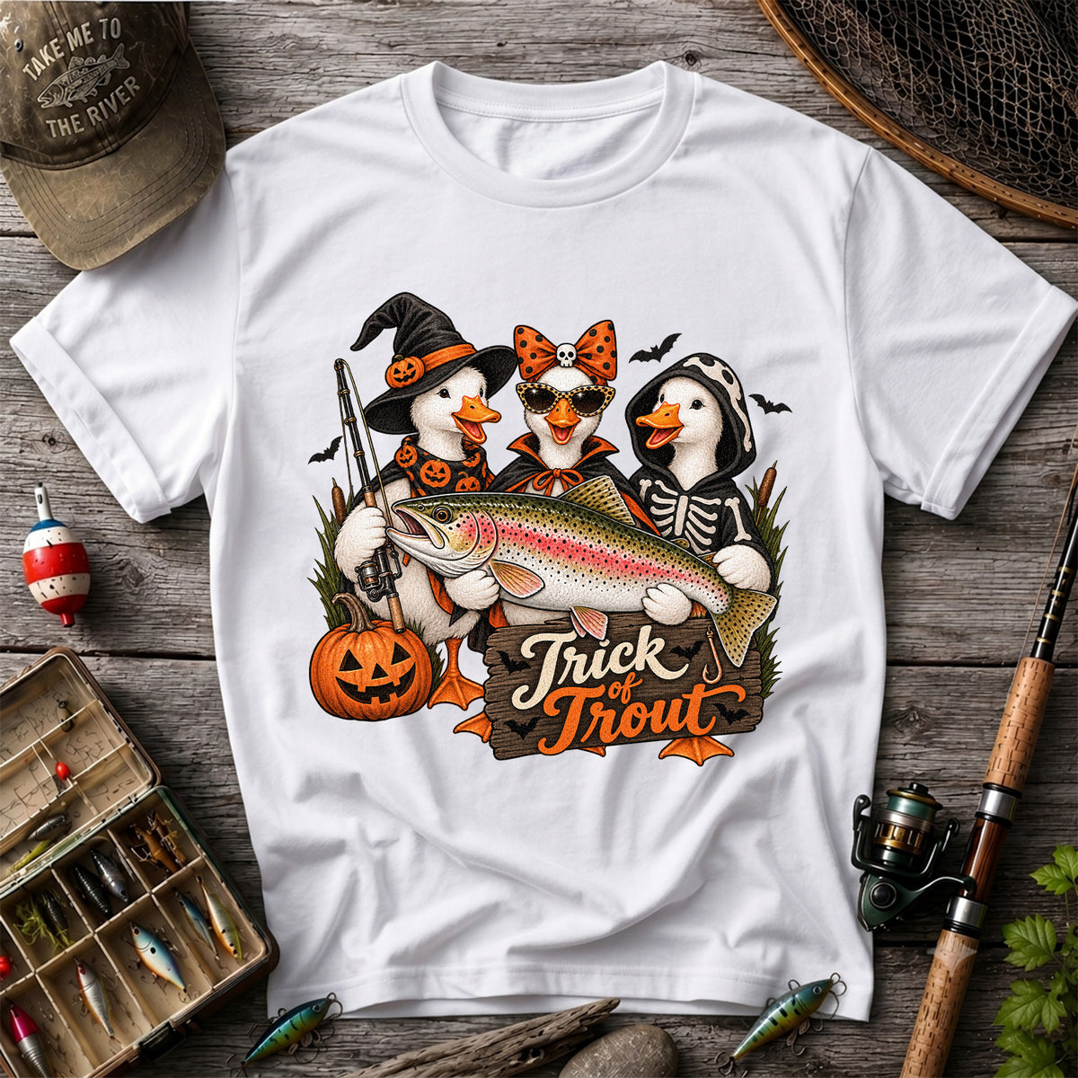 Trick of Trout Halloween Ducks with Rainbow Trout Fishing T-Shirt