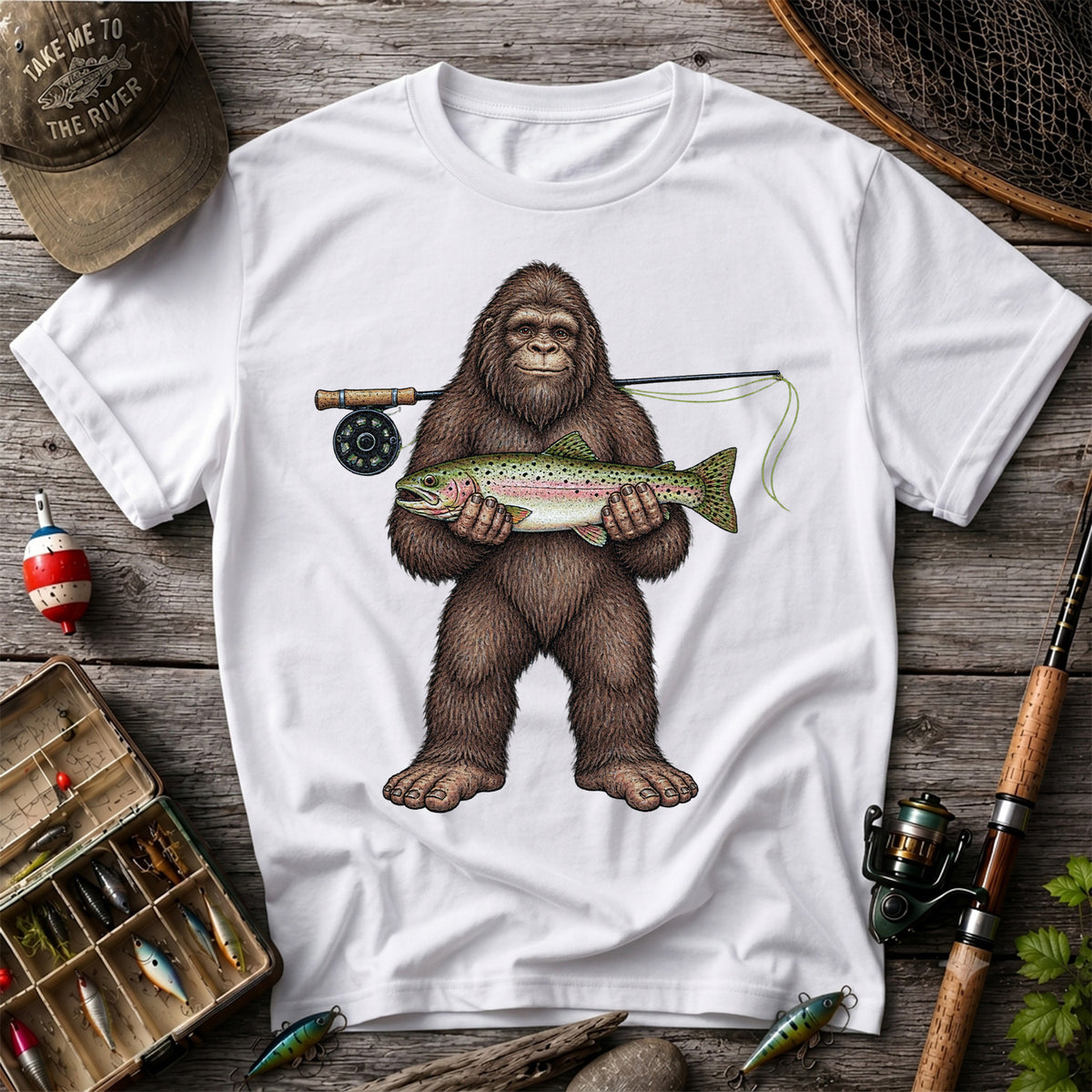 Bigfoot Holding Rainbow Trout Fly Fishing Graphic T-Shirt
