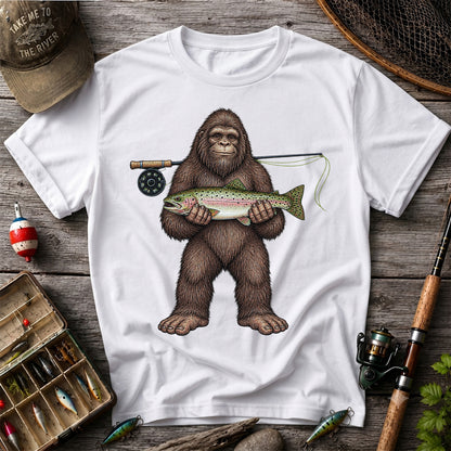 Bigfoot Holding Rainbow Trout Fly Fishing Graphic T-Shirt