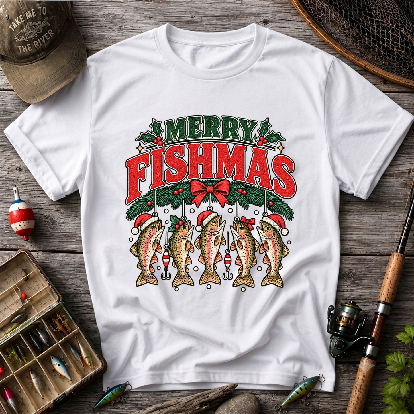 Merry Fishmas Christmas Rainbow Trout Fishing T-Shirt