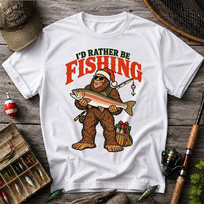 I'd Rather Be Fishing Bigfoot Holding Rainbow Trout Christmas T-Shirt