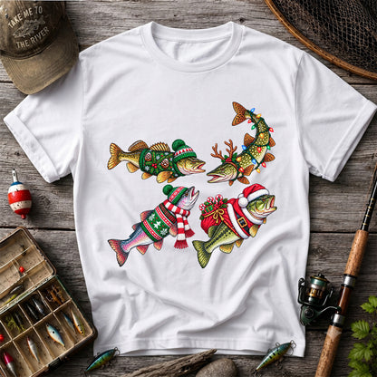 Festive Christmas Fish Wearing Holiday Sweaters Fishing T-Shirt