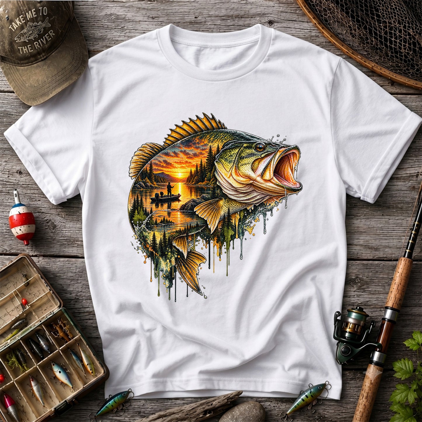 Largemouth Bass Sunset Lake Landscape Fishing Graphic T-Shirt
