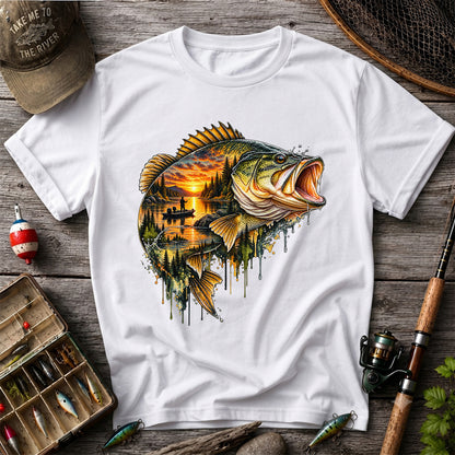 Largemouth Bass Sunset Lake Landscape Fishing Graphic T-Shirt